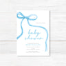 Soft Ribbon Baby Shower Invitation with blue watercolor ribbon and elegant typography on high-quality cardstock, perfect for celebrations.