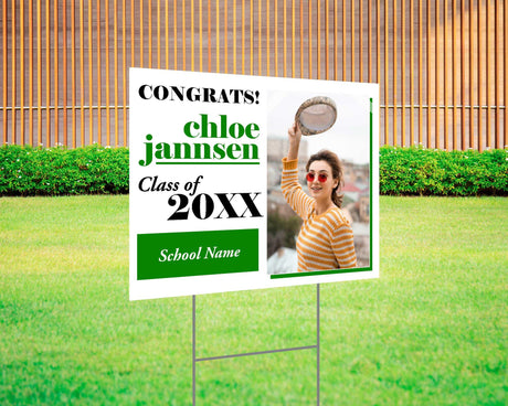 Fun and bold graduation yard sign with a split design featuring a photo on one side and playful, high-contrast text on the other. Includes "Congrats!" message, custom class year, and school name. Printed on durable Coreplast plastic, perfect for outdoor celebrations, driveways, and front yards. green