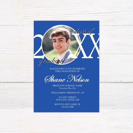 Graduation invitation with a bold design featuring a circular photo on the front, integrated with large text displaying the graduation year. The background color is customizable to match the graduate's school colors. The back of the invitation includes five photos arranged with color block separation. Blue