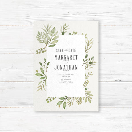 Botanical save the date card with soft watercolor leaves and modern serif typography. Customizable with names, wedding date, and location. Printed on premium cardstock with optional envelopes. Perfect for rustic, modern, and outdoor garden weddings, ensuring guests mark their calendars in style