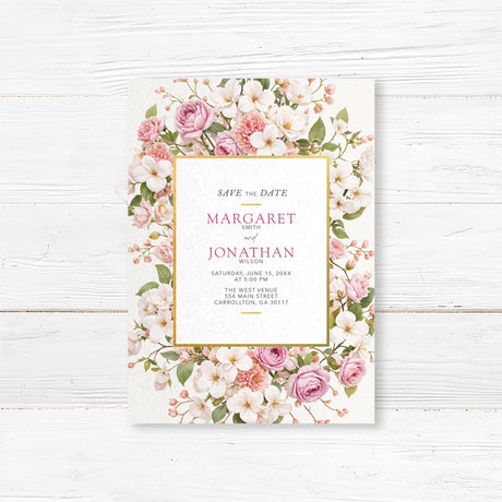 Elegant floral save the date card featuring delicate watercolor roses, peonies, and a gold-accented border. Personalized with wedding details. Printed on high-quality cardstock with optional envelopes. Perfect for classic, botanical, and vintage wedding themes.