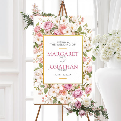 Romantic floral wedding welcome sign with hand-painted watercolor roses, peonies, and gold details. Printed on durable foam core or poster board. Perfect for garden weddings, elegant ballroom receptions, and vintage floral decor.