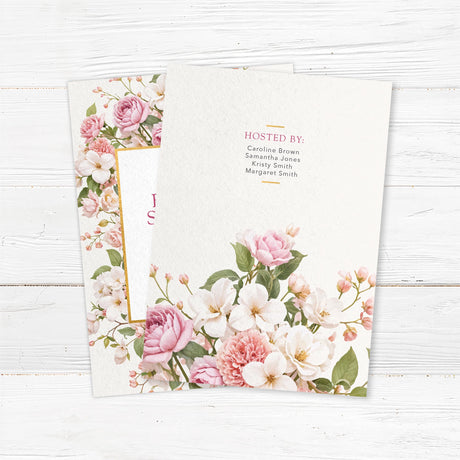 Bridal shower invitation featuring an elegant floral border with pink and white roses and a gold-accented frame. Customizable with the bride’s name and event details, perfect for garden or tea party-themed showers. Back