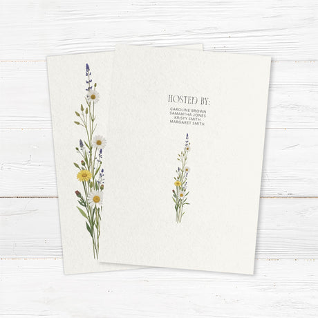 Minimalist bridal shower invitation featuring delicate wildflowers and elegant script typography. Customizable with the bride’s name and event details, perfect for rustic or garden-themed showers. Back.