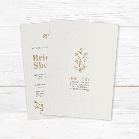 Minimalist bridal shower invitation with delicate hand-drawn vine branches in earthy tones, printed on premium cardstock. Back.