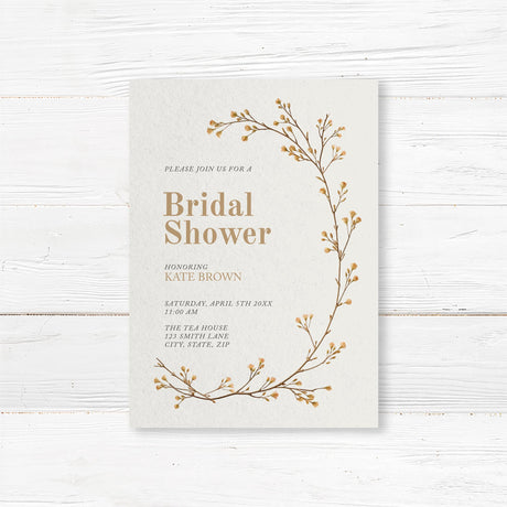 Minimalist bridal shower invitation with delicate hand-drawn vine branches in earthy tones, printed on premium cardstock.