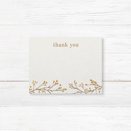 Minimalist bridal shower thank-you card featuring delicate vine branches in neutral tones, printed on premium cardstock for an elegant, modern touch.