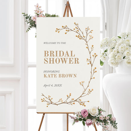 Minimalist bridal shower welcome sign featuring hand-drawn vine branches in neutral tones, printed on high-quality material for an elegant, modern event décor.