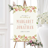 Greet guests in style with a professionally printed wedding welcome sign adorned with vintage watercolor roses and an elegant script font. Available in multiple sizes, this floral welcome board sets the tone for a romantic, rustic, or garden-themed wedding. Printed on sturdy foam board for a polished, high-end look, perfect for displaying at the entrance of your venue. 