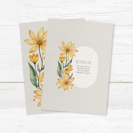 Elegant bridal shower invitation featuring hand-painted yellow daisies, greenery, and a watercolor floral design, printed on premium cardstock. Back.