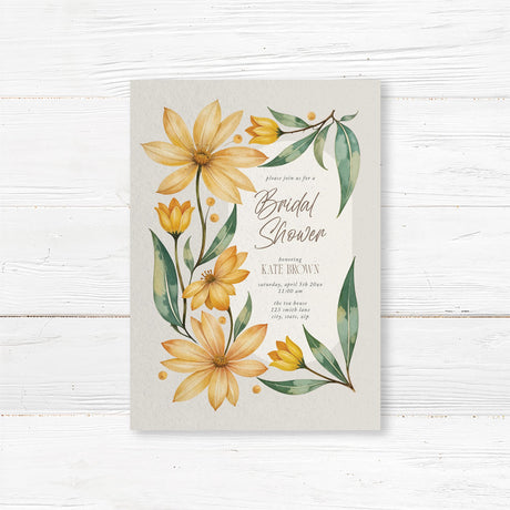 Elegant bridal shower invitation featuring hand-painted yellow daisies, greenery, and a watercolor floral design, printed on premium cardstock.