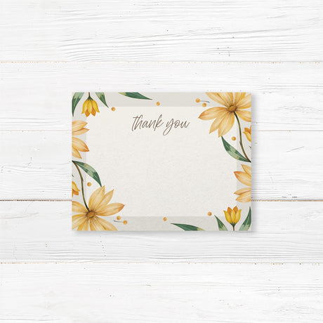 Bridal shower thank-you card featuring watercolor yellow daisies and greenery, printed on premium cardstock for a fresh floral theme.