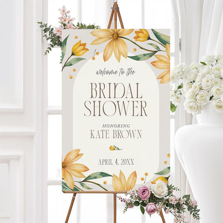 Bridal shower welcome sign featuring watercolor yellow daisies and greenery, printed on high-quality material for elegant floral-themed décor.