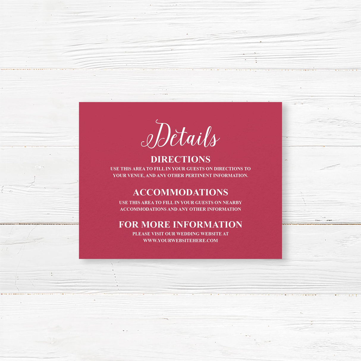 Wedding detail card with pink stargazer lilies, roses, and serif text on white cardstock. Matches the Stargazer Spring wedding stationery collection.