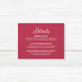 Wedding detail card with pink stargazer lilies, roses, and serif text on white cardstock. Matches the Stargazer Spring wedding stationery collection.