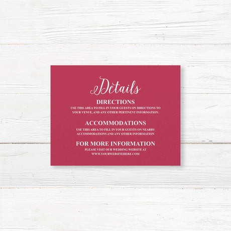 Wedding detail card with pink stargazer lilies, roses, and serif text on white cardstock. Matches the Stargazer Spring wedding stationery collection.