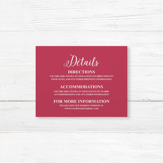 Wedding detail card with pink stargazer lilies, roses, and serif text on white cardstock. Matches the Stargazer Spring wedding stationery collection.