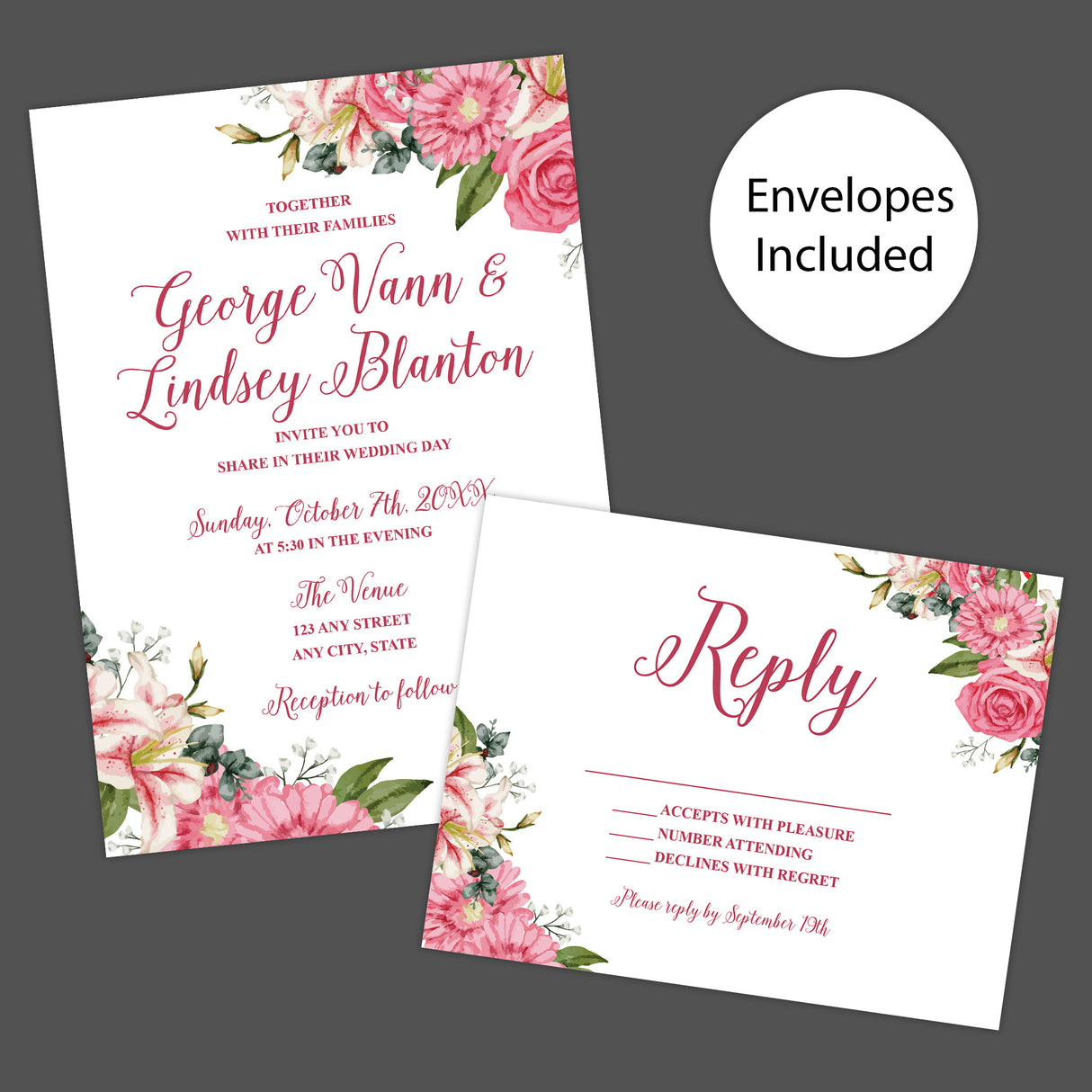 Wedding invitation with watercolor stargazer lilies, roses, and vibrant pink floral accents. Features elegant script fonts on soft white textured cardstock. Perfect for spring or summer weddings. Invitation and RSVP