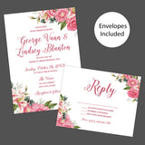 Wedding invitation with watercolor stargazer lilies, roses, and vibrant pink floral accents. Features elegant script fonts on soft white textured cardstock. Perfect for spring or summer weddings. Invitation and RSVP