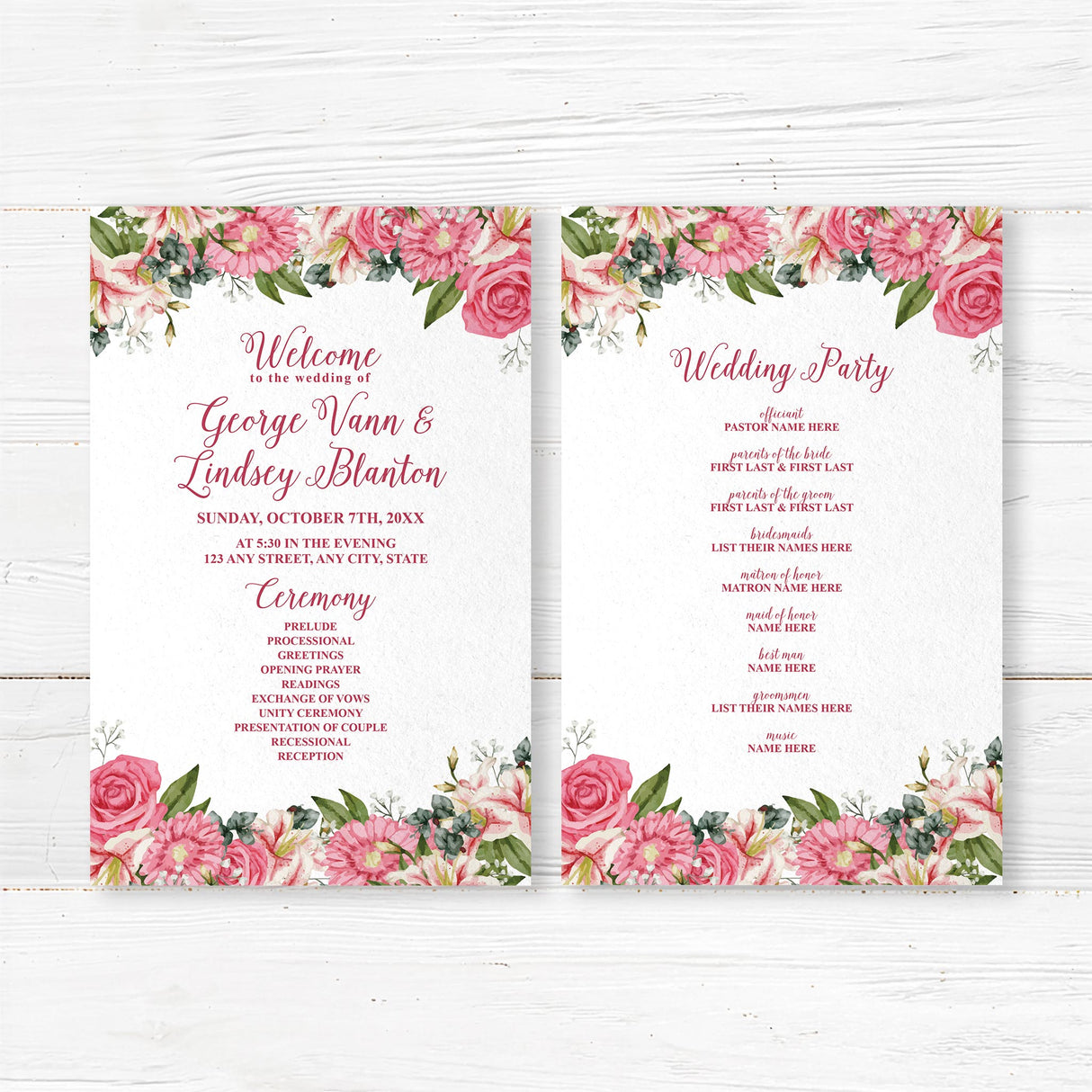 Wedding program card with pink stargazer lilies and roses in watercolor style. Includes ceremony timeline and wedding party info. Matches Stargazer Spring suite.