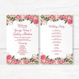 Wedding program card with pink stargazer lilies and roses in watercolor style. Includes ceremony timeline and wedding party info. Matches Stargazer Spring suite.