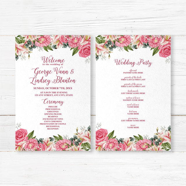 Wedding program card with pink stargazer lilies and roses in watercolor style. Includes ceremony timeline and wedding party info. Matches Stargazer Spring suite.