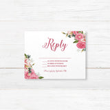 RSVP card with watercolor stargazer lilies and pink roses, featuring elegant serif fonts on white cardstock. Coordinates with Stargazer Spring wedding suite.