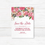 Save the Date card with vibrant pink watercolor stargazer lilies and roses. Features serif fonts on white cardstock. Matches Stargazer Spring invitation suite.