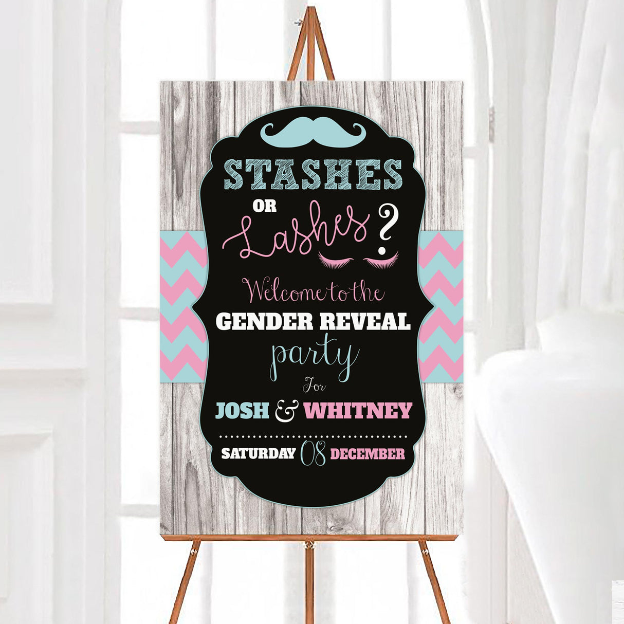 A stashes or lashes gender reveal welcome sign with a mustache and eyelashes. The design uses pink and teal colors on a dark background.