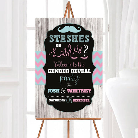 A stashes or lashes gender reveal welcome sign with a mustache and eyelashes. The design uses pink and teal colors on a dark background.