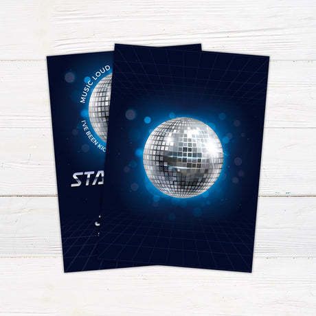 Disco-themed party invitation featuring a reflective silver disco ball with a glowing blue aura against a dark background. The phrase "Stayin’ Alive Party" is displayed in bold, retro-style metallic text. Surrounding the disco ball are lyrics in white, curved text. Below, event details including the honoree’s name, date, time, and location are presented in a sleek, futuristic font. The design captures a fun and energetic vibe, perfect for a disco or retro-themed celebration Back.