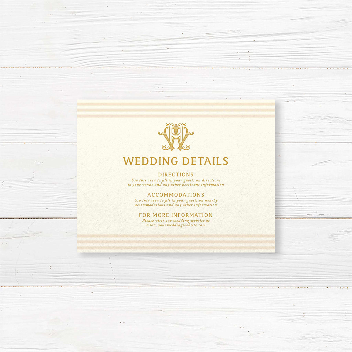 Gold serif font detail card for weddings with cream background, horizontal neutral stripes, and matching style to monogram wedding invitations and RSVP cards.