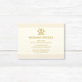 Gold serif font detail card for weddings with cream background, horizontal neutral stripes, and matching style to monogram wedding invitations and RSVP cards.