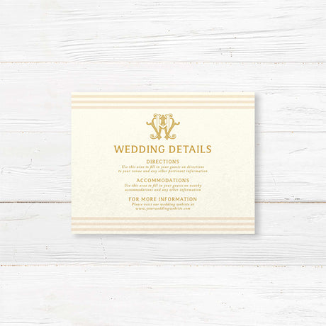 Gold serif font detail card for weddings with cream background, horizontal neutral stripes, and matching style to monogram wedding invitations and RSVP cards.