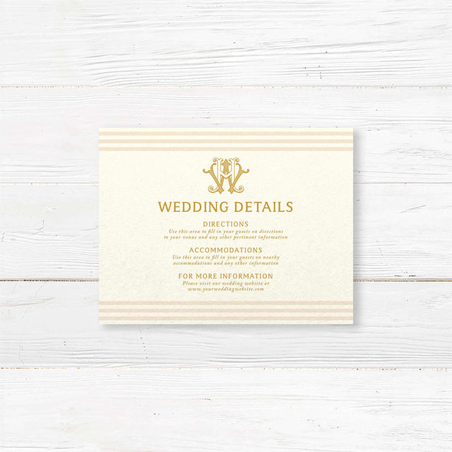Gold serif font detail card for weddings with cream background, horizontal neutral stripes, and matching style to monogram wedding invitations and RSVP cards.
