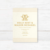 Elegant cream and gold wedding invitation featuring a decorative gold monogram crest at the top, horizontal neutral stripes on the top and bottom edges, and classic serif typography, ideal for formal weddings.