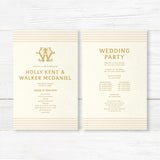 Cream wedding program with horizontal neutral stripes, elegant gold serif text, and classic layout matching a gold monogram invitation suite for a formal ceremony.