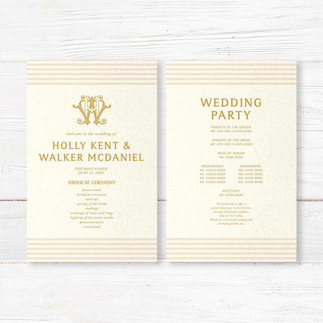 Cream wedding program with horizontal neutral stripes, elegant gold serif text, and classic layout matching a gold monogram invitation suite for a formal ceremony.