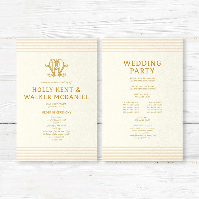 Cream wedding program with horizontal neutral stripes, elegant gold serif text, and classic layout matching a gold monogram invitation suite for a formal ceremony.