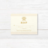 Elegant printed wedding RSVP card with gold serif text, neutral stripe borders, and a cream background designed to match a formal gold monogram invitation suite.