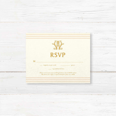 Elegant printed wedding RSVP card with gold serif text, neutral stripe borders, and a cream background designed to match a formal gold monogram invitation suite.