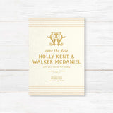 Save the Date card with gold serif text, cream background, neutral stripe accents, and decorative monogram—part of a coordinated gold wedding invitation suite.