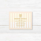 Cream and gold wedding detail card with vertical stripes and serif text