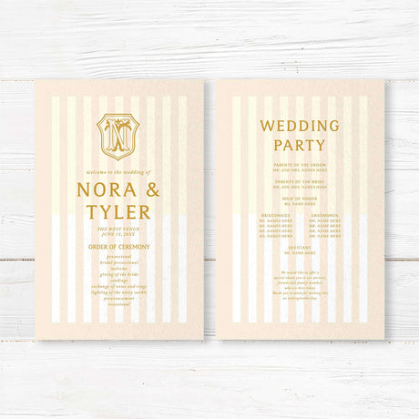 Gold and cream wedding program with vertical stripes and ornate monogram crest
