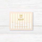 Gold and cream RSVP card with striped background and elegant serif font