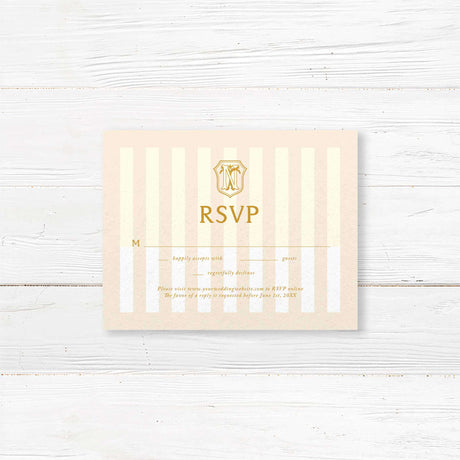 Gold and cream RSVP card with striped background and elegant serif font