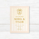Save the Date card with cream vertical stripes, gold serif text, and vintage monogram