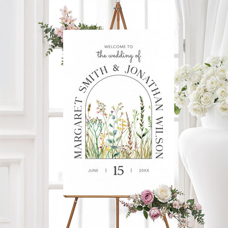 Elegant wedding welcome sign featuring a modern arch frame with wildflower accents. Printed on durable foam core or poster board. Customizable with names and wedding date. Available in multiple sizes. Ideal for rustic, boho, and botanical wedding themes.