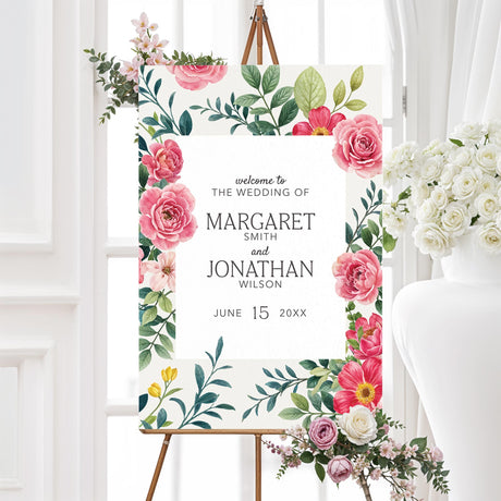 Elegant sign with a floral design featuring pink and red roses, green leaves, and delicate typography. The text is framed within a white rectangle, with a classic serif font. A romantic and timeless design perfect for any event.