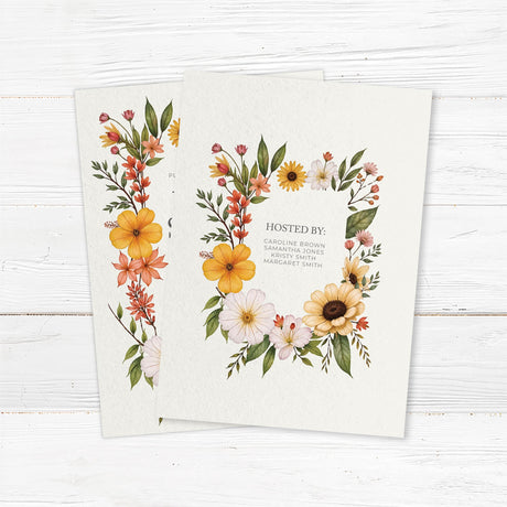 Bridal shower invitation featuring vibrant summer wildflowers in yellow, orange, and blush, printed on premium cardstock for a rustic floral theme. Back